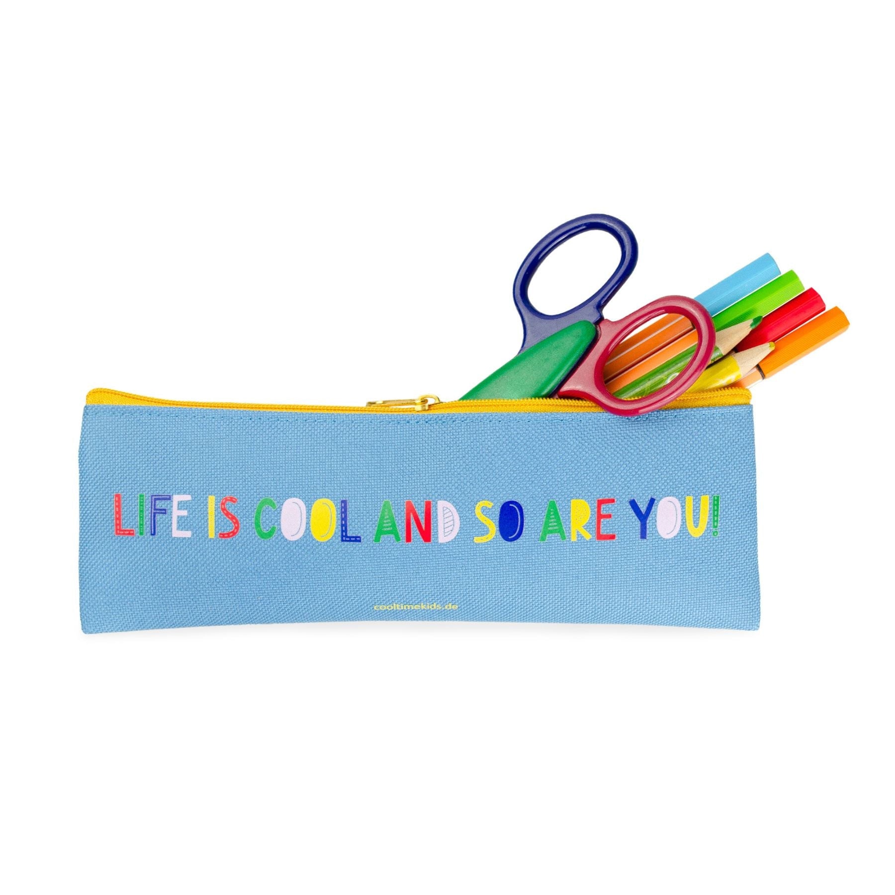Blaues Cool Time Kids Mäppchen mit farbenfrohem Schriftzug „Life is cool and so are you“.